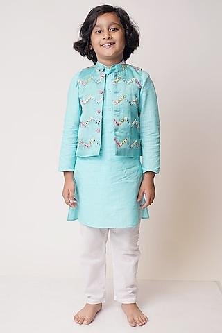 sky blue embellished bundi jacket with kurta set for boys