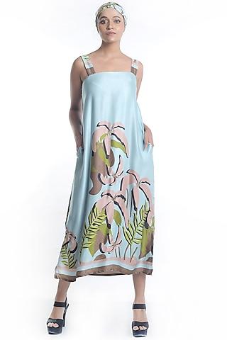 sky blue embroidered & printed dress
