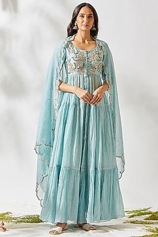 sky blue embroidered anarkali set