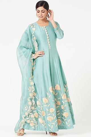 sky blue embroidered anarkali set