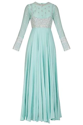 sky blue embroidered anarkali with cape