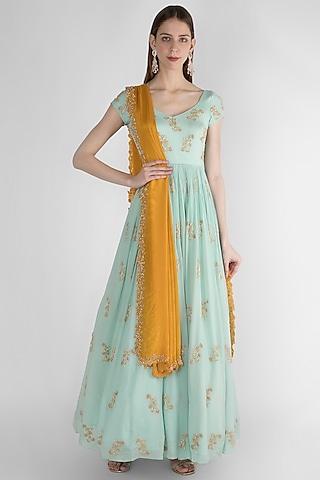 sky blue embroidered anarkali with dupatta