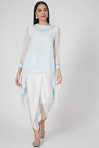 sky blue embroidered asymmetric tunic set