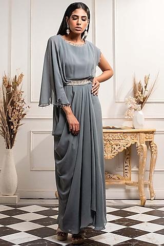 sky blue embroidered cowl draped dress
