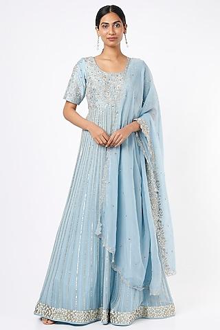 sky blue embroidered kalidar anarkali set