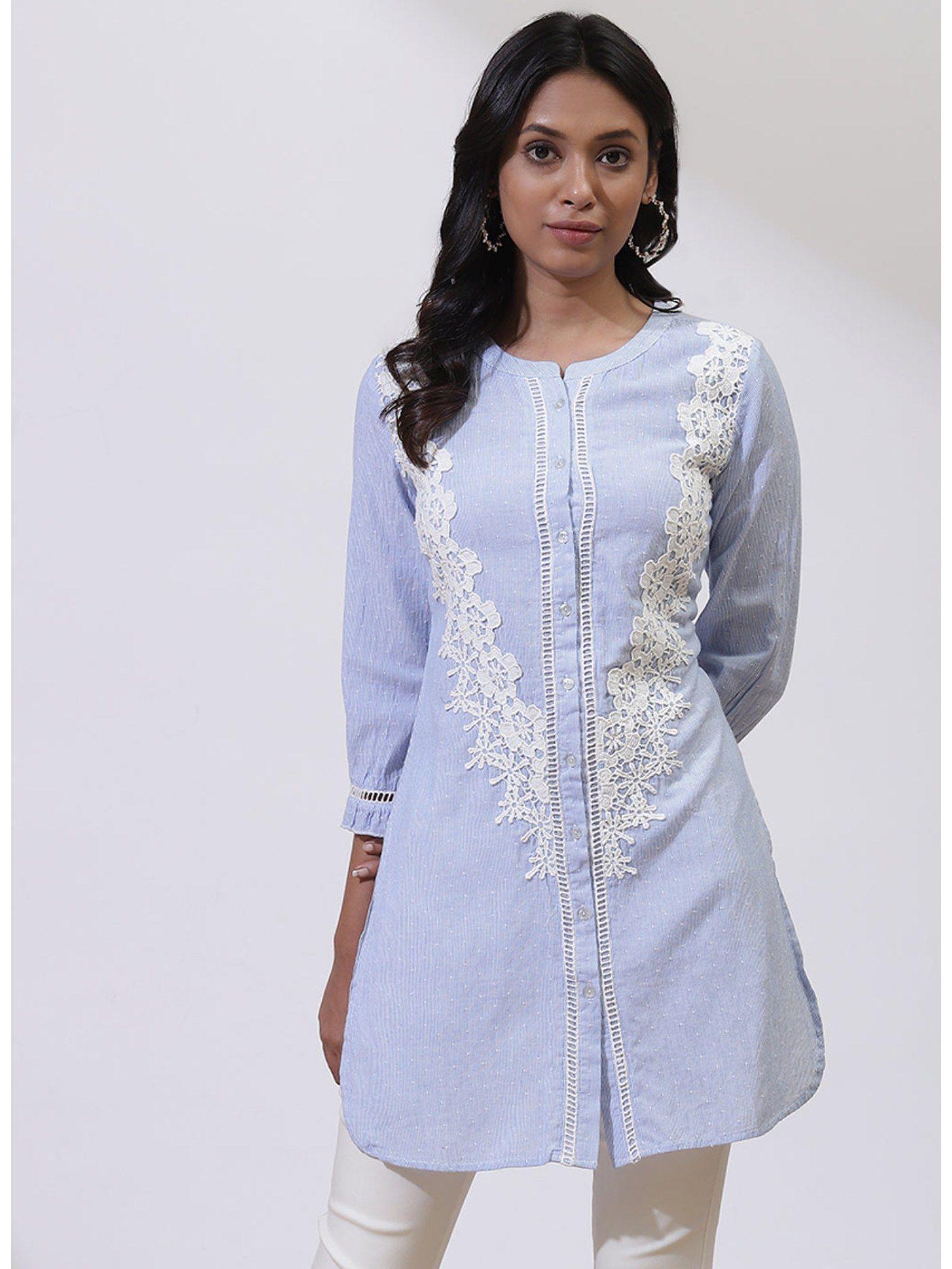 sky blue embroidered nargis shirt kurti with lace details