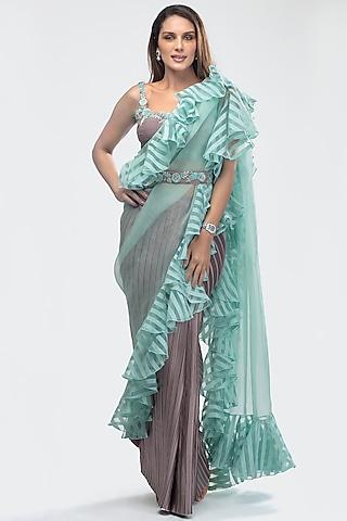 sky blue embroidered pre-stitched saree set with belt