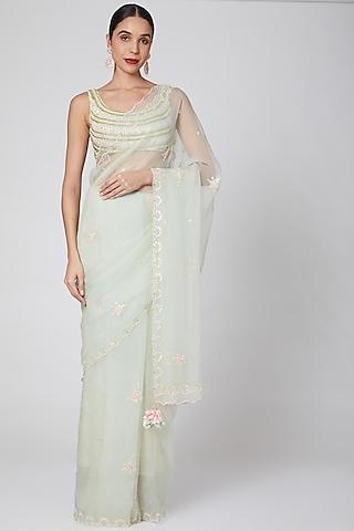 sky blue embroidered saree set