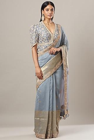 sky blue embroidered saree set