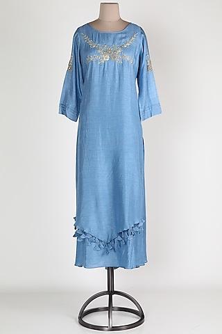 sky blue embroidered tunic with tassels