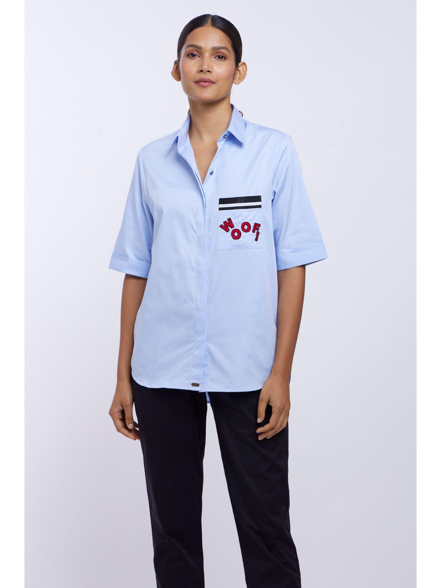 sky blue embroidered woof pocket shirt