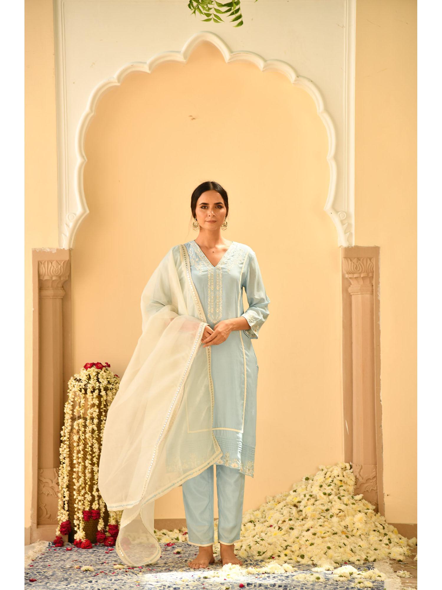 sky blue falak kurta with pant and dupatta (set of 3)