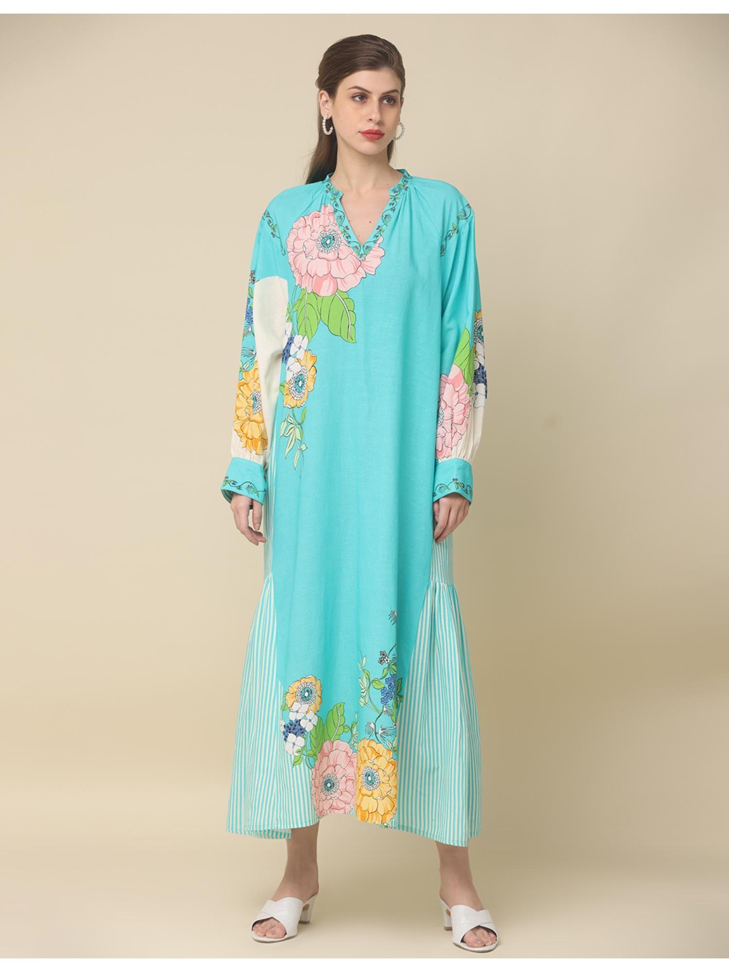 sky blue floral embroidered pleated midi dress