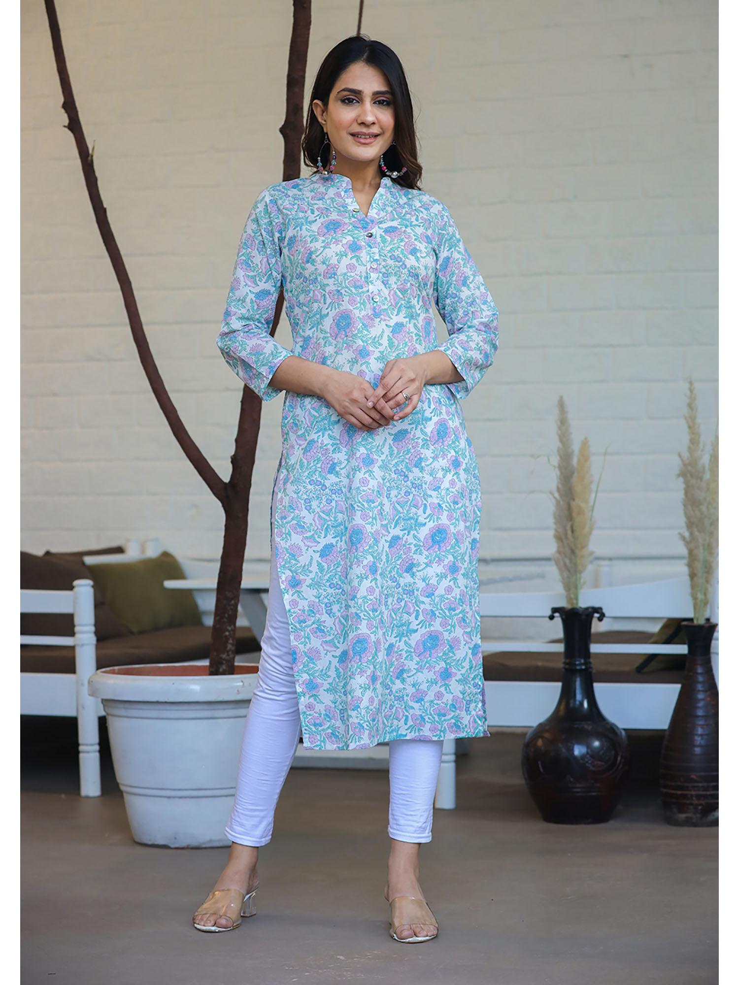 sky blue floral print cotton casual kurta