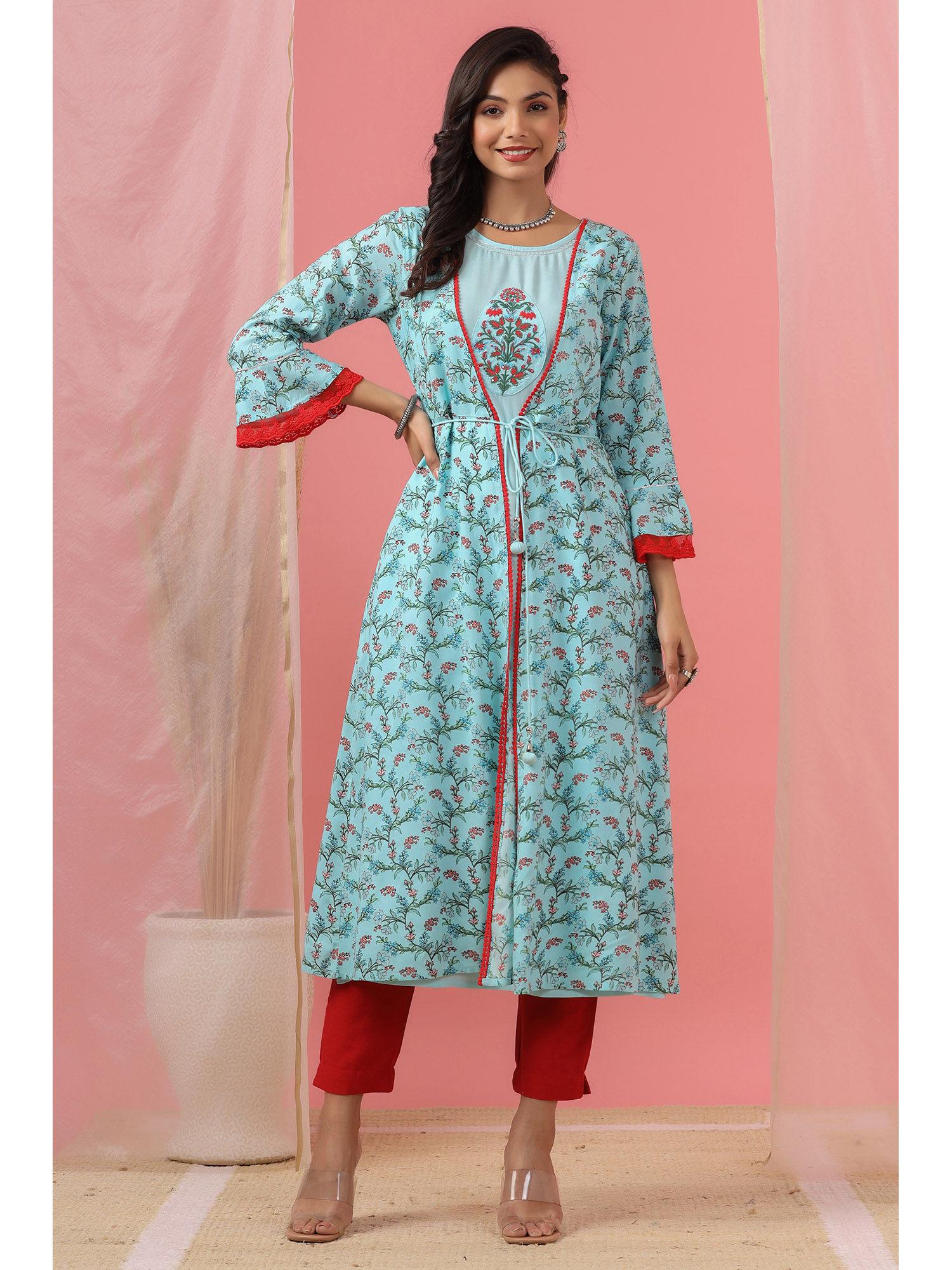 sky blue floral printed cotton lacy jacket style dress with thread work & dori at waist