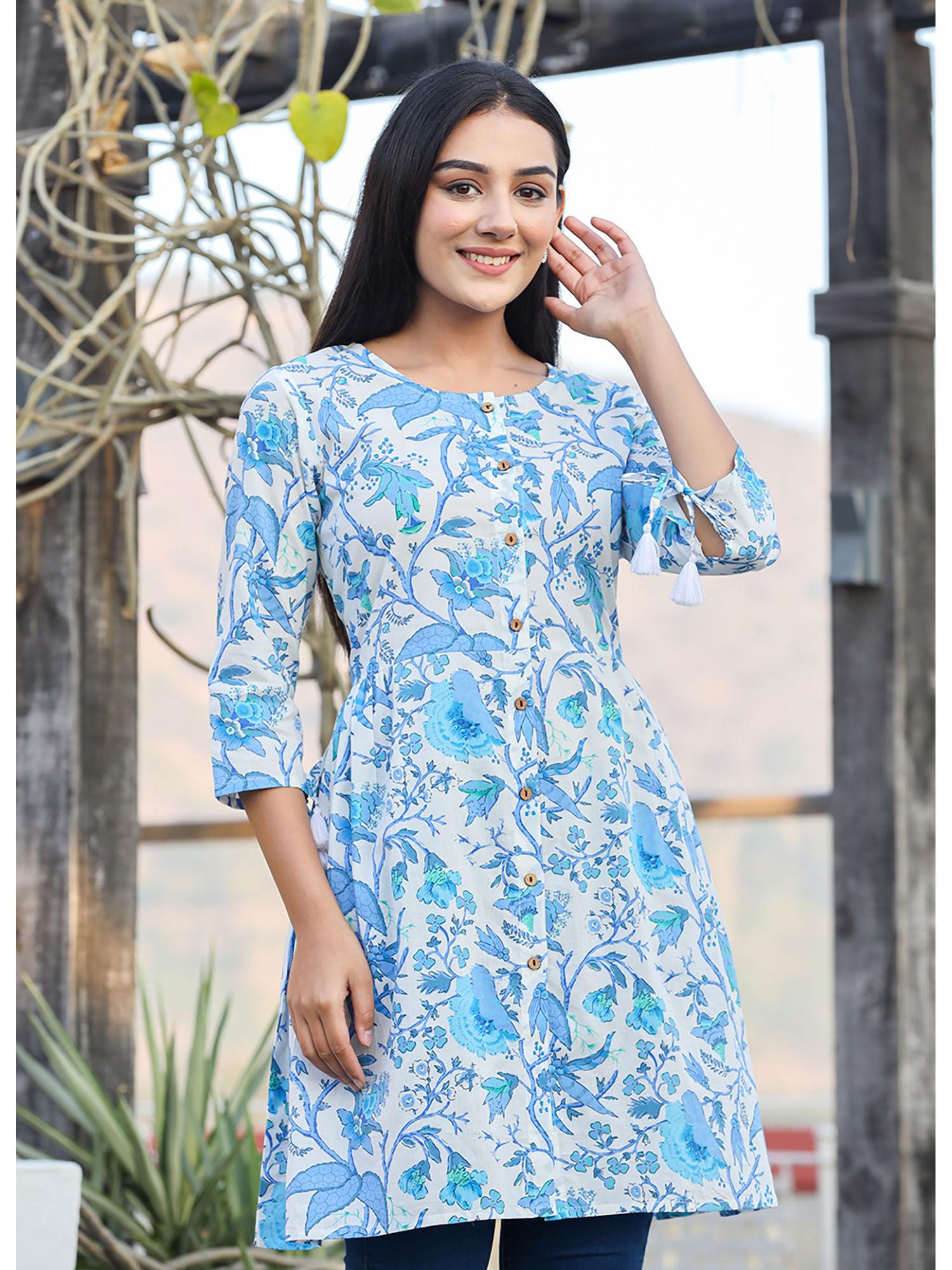 sky blue floral printed cotton tunic