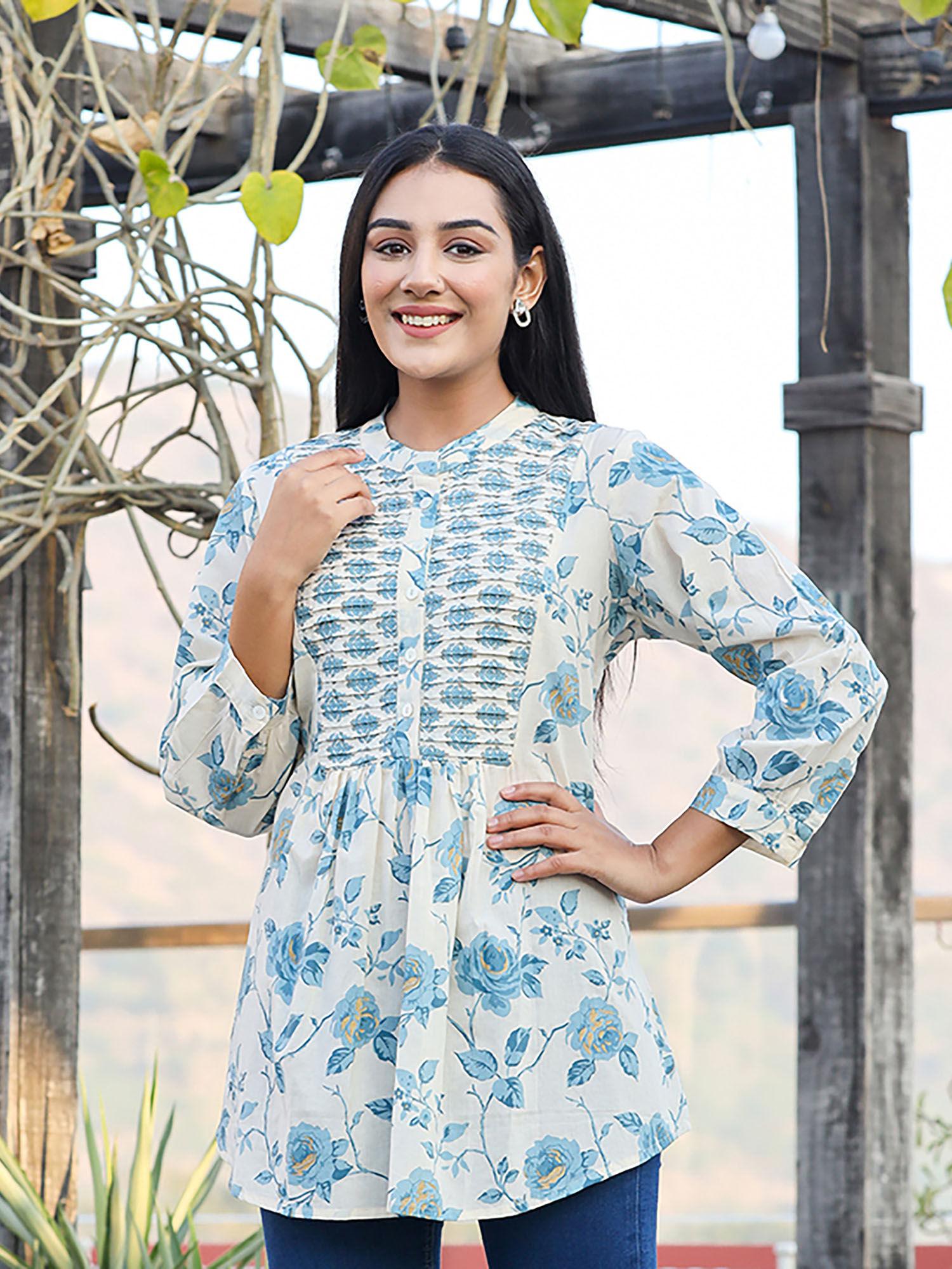 sky blue floral printed cotton tunic