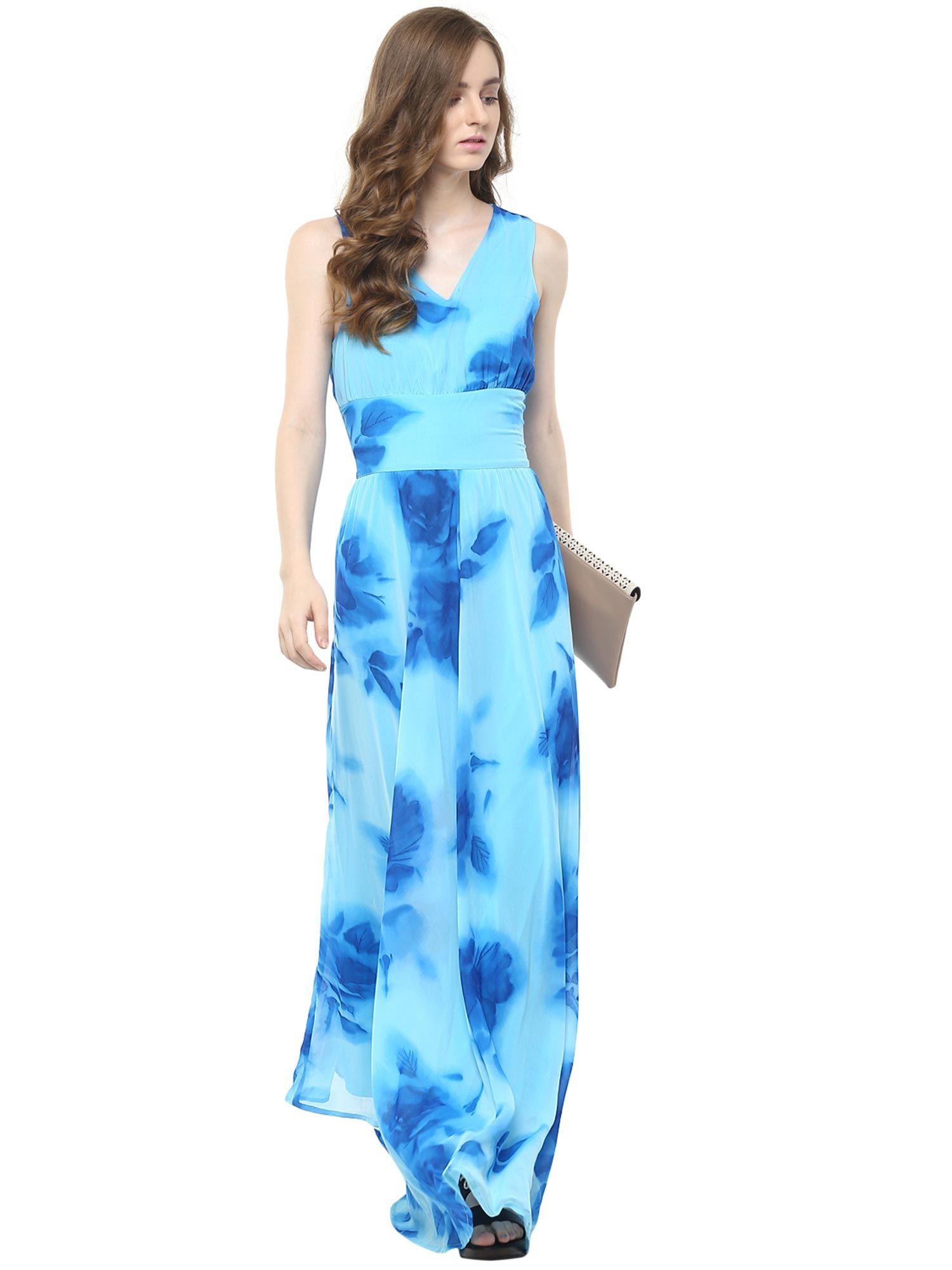 sky blue floral v-neck maxi dress