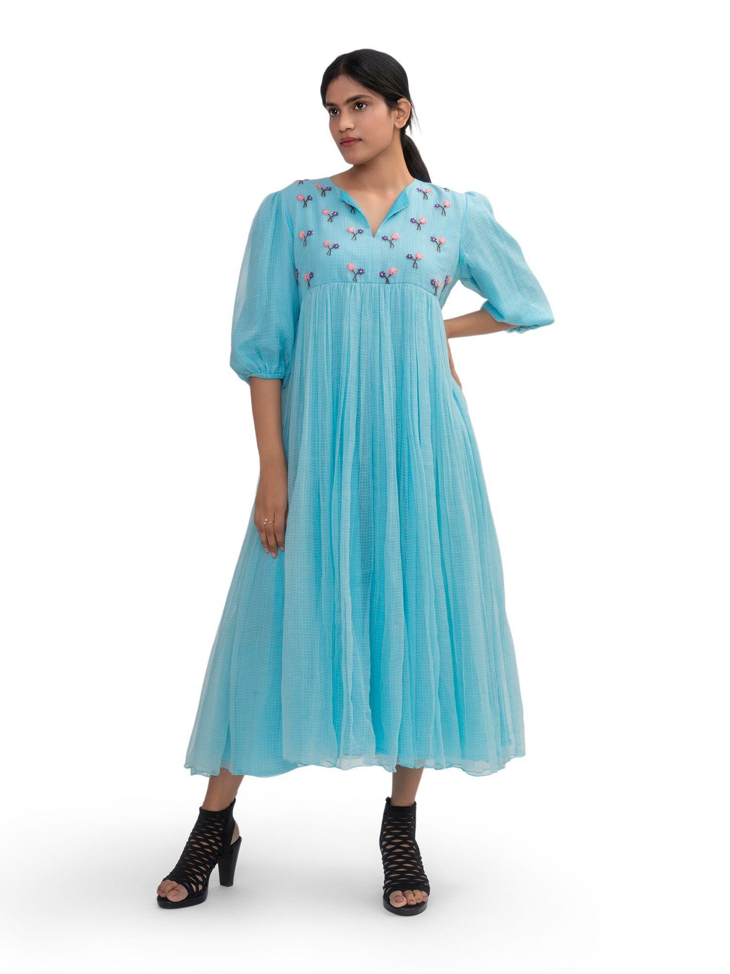 sky blue gathered maxi dress