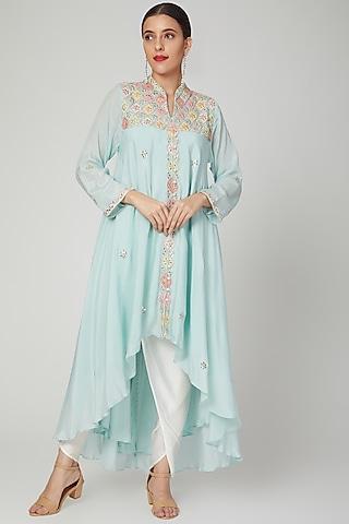 sky blue georgette applique work asymmetrical tunic set