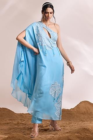 sky blue georgette embroidered one-shoulder kurta set