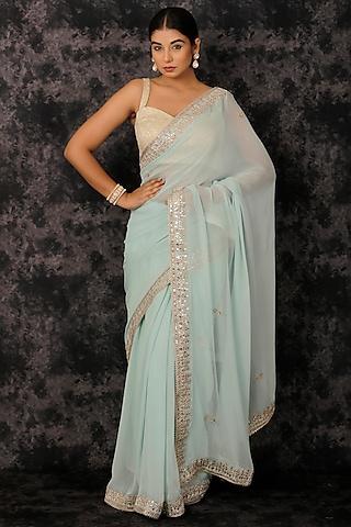 sky blue georgette hand embroidered saree set