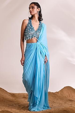 sky blue georgette ruffled draped saree set