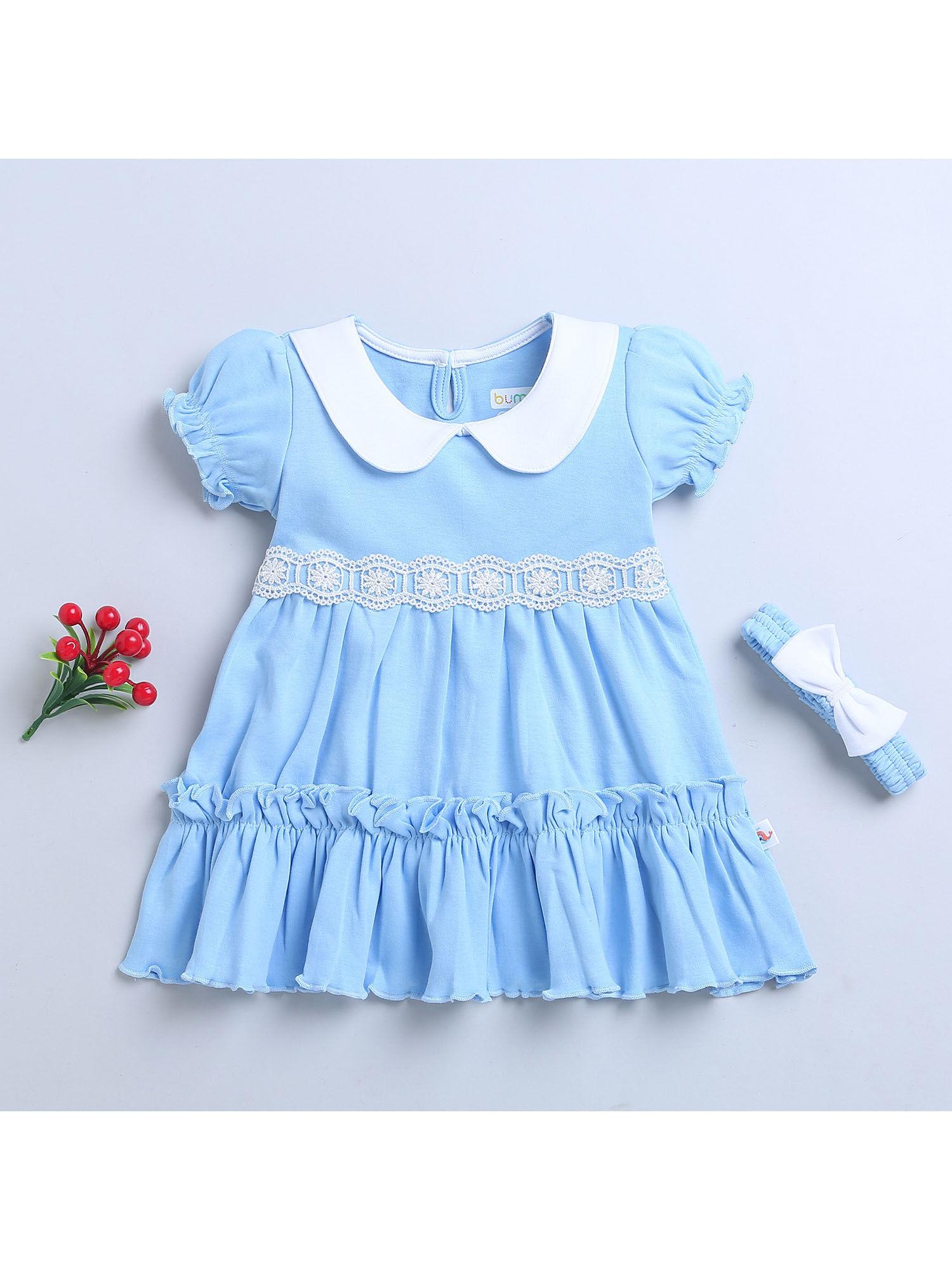 sky blue girls half sleeves cotton frock with headband (set of 2)