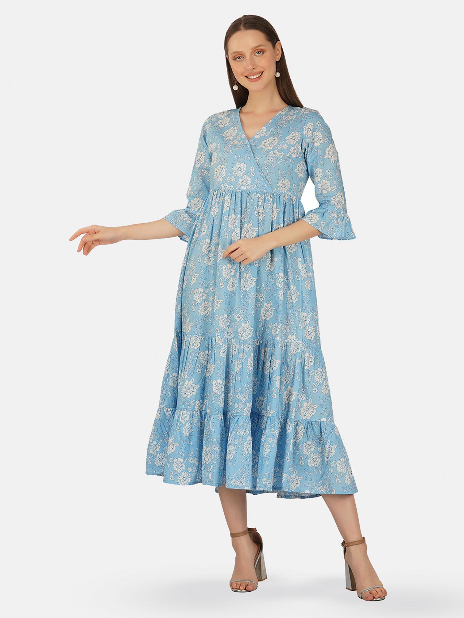 sky blue hand block printed v-neck printed tired dress with gather