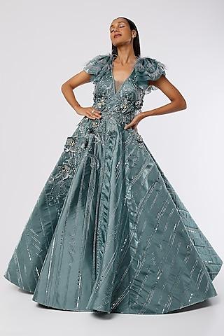 sky blue hand embroidered ball gown