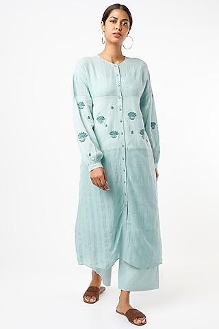 sky blue hand embroidered front open dress