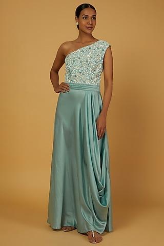 sky blue hand embroidered gown