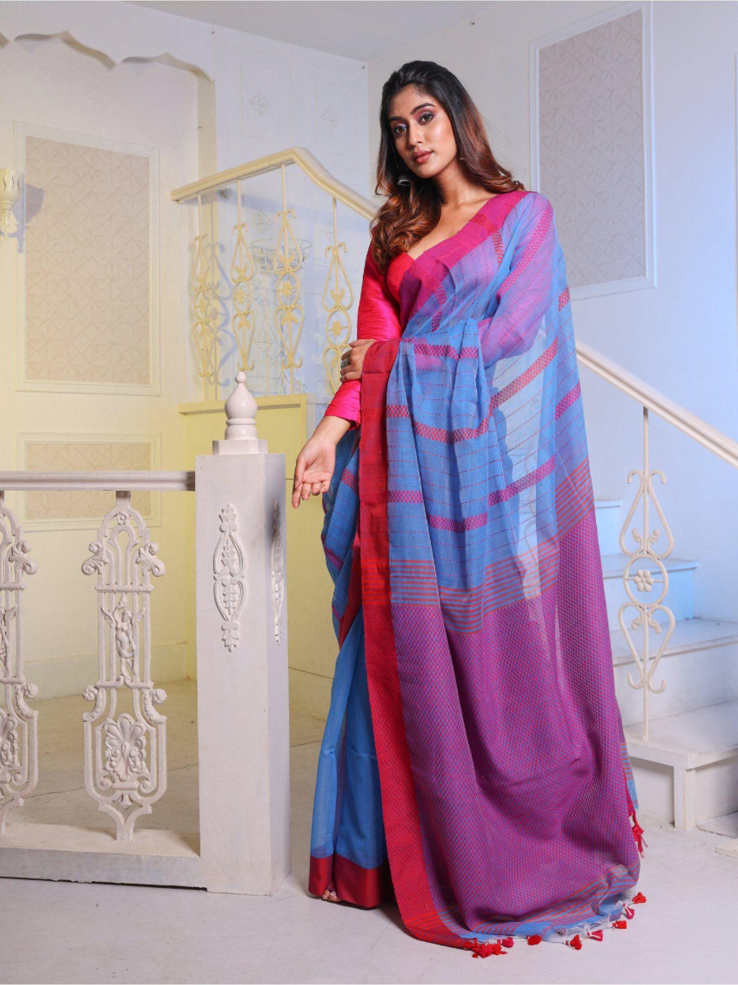 sky blue handwoven cotton blend soft saree with unstitched blouse