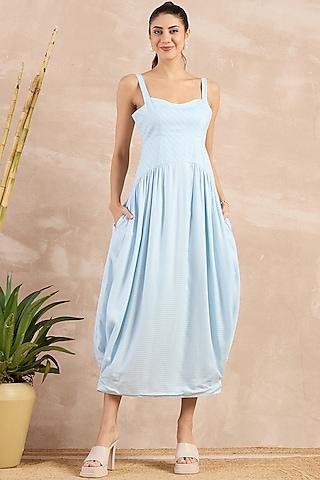 sky blue herringbone pleated sleeveless midi dress