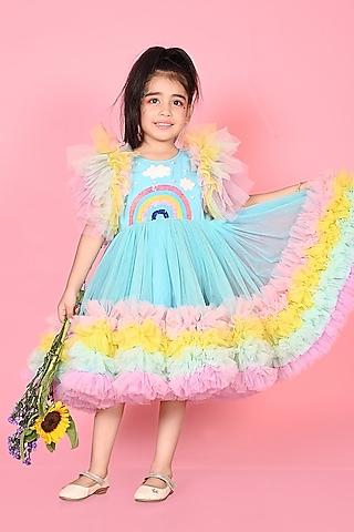 sky blue japanese & net patchwork ruffled dress for girls