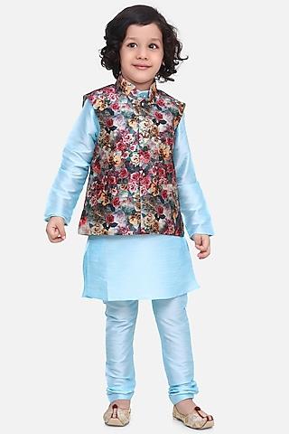sky blue kurta set with printed nehru jacket for boys