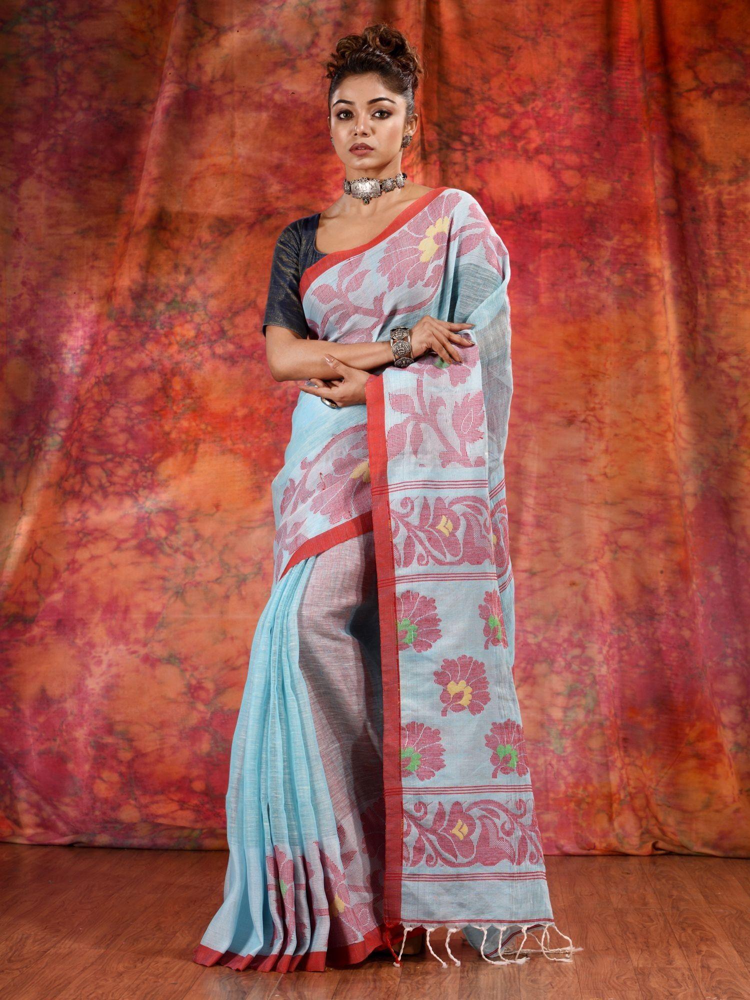 sky blue linen handwoven soft saree with floral design and unstitched blouse