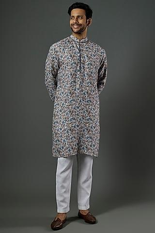 sky blue linen printed kurta set