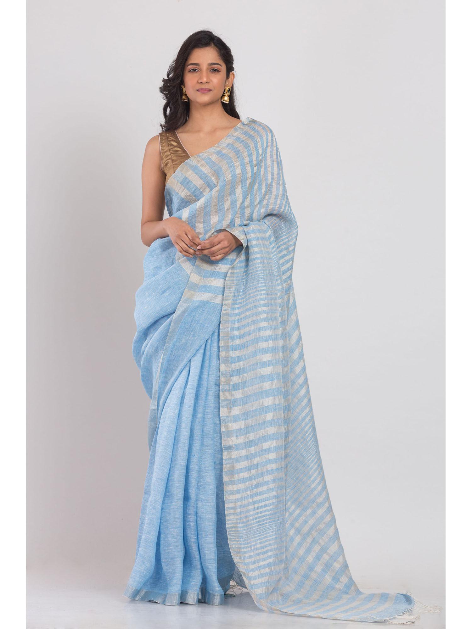 sky blue linen saree with silver zari pallu and border with unstitched blouse