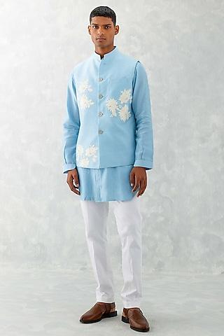 sky blue linen satin embroidered bundi jacket with kurta set