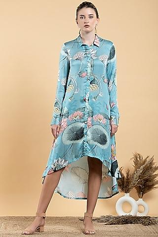 sky blue modal satin printed shirt dress