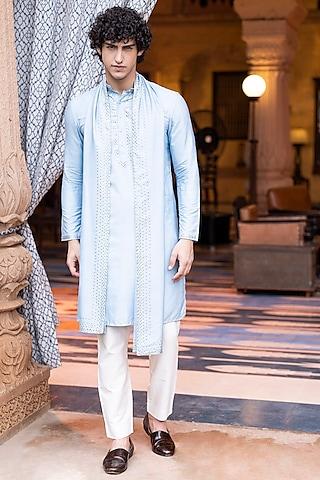 sky blue moonga silk metal work kurta set