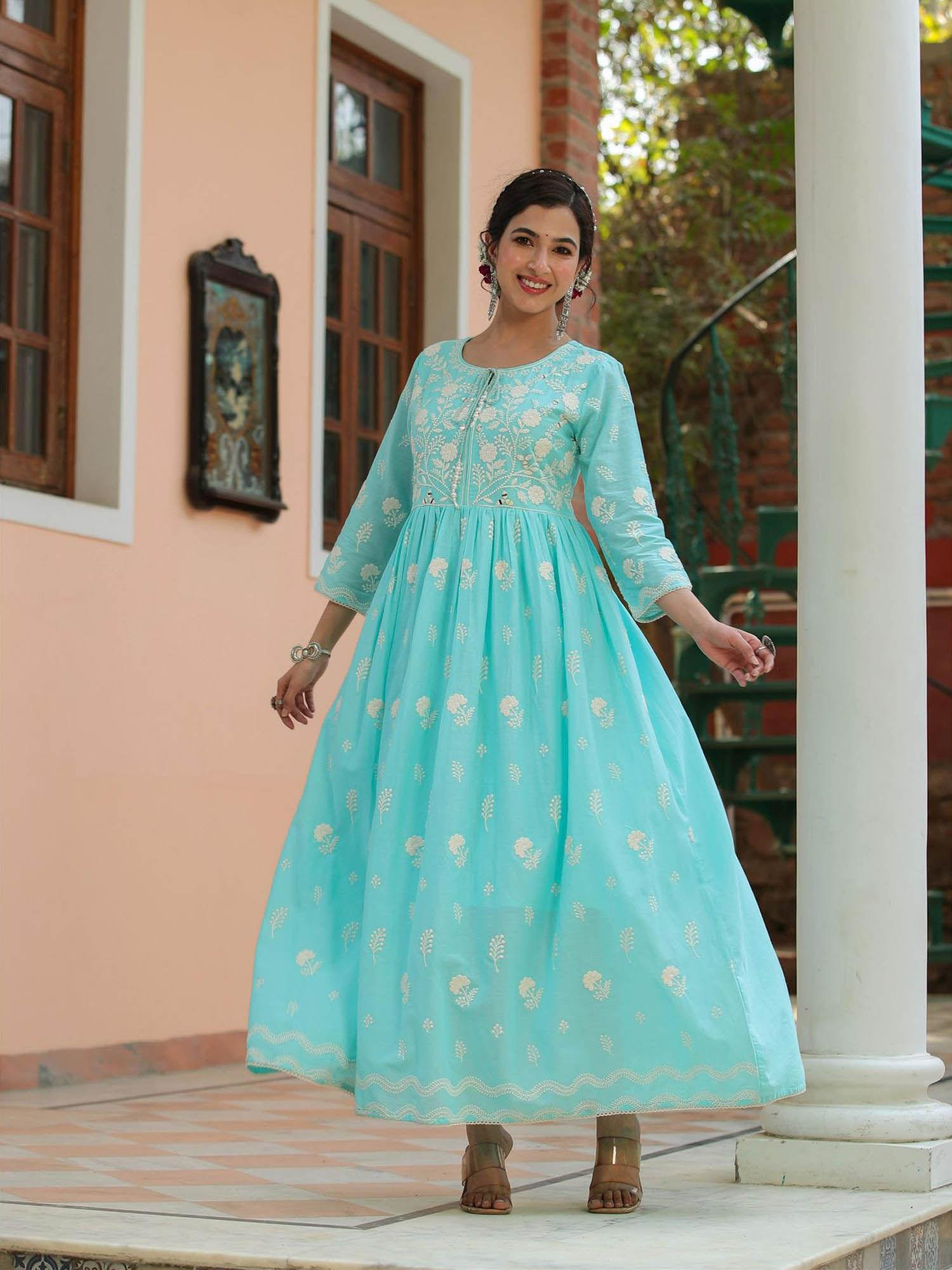 sky blue mul cotton chikankari embroidery empire ethnic dress