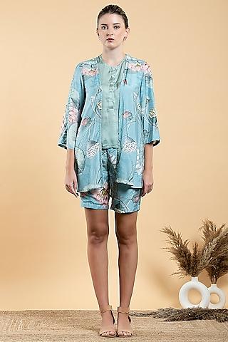 sky blue muslin & viscose printed cape set