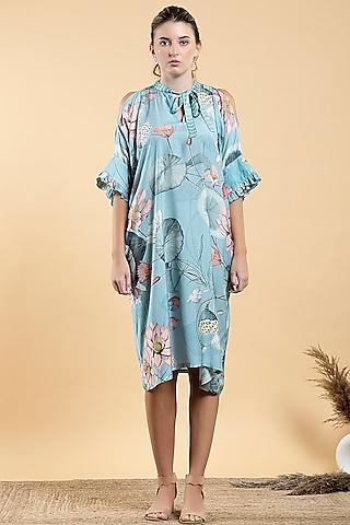 sky blue muslin & viscose printed kaftan dress