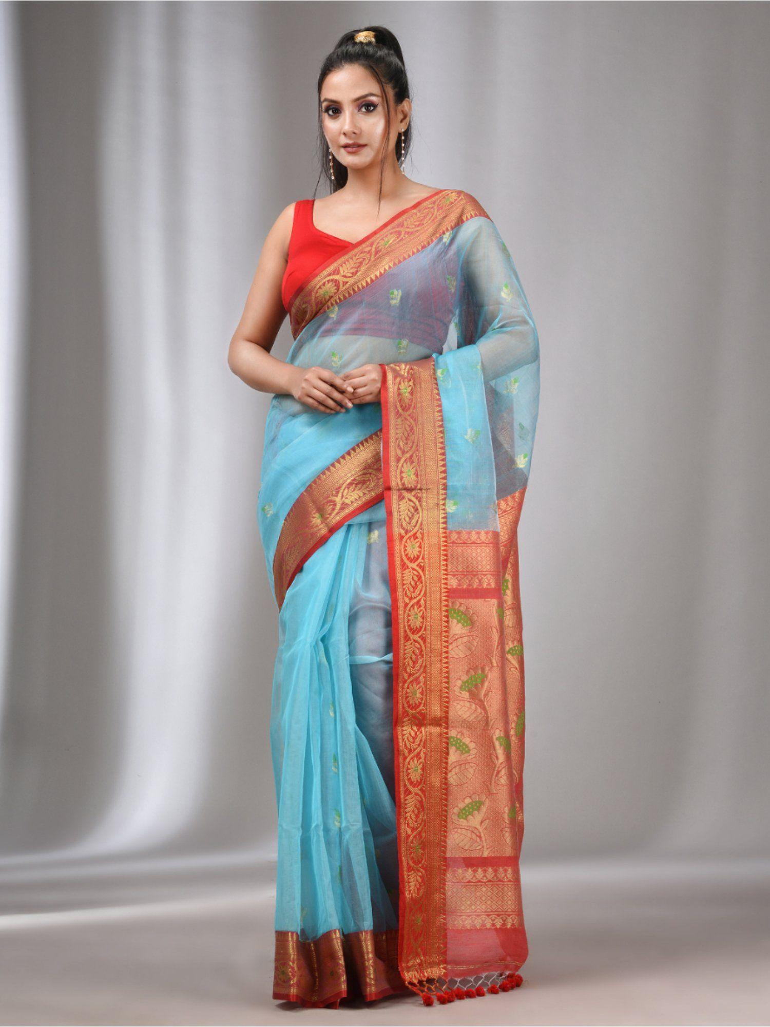 sky blue muslin handwoven saree with nakshi border with unstitched blouse