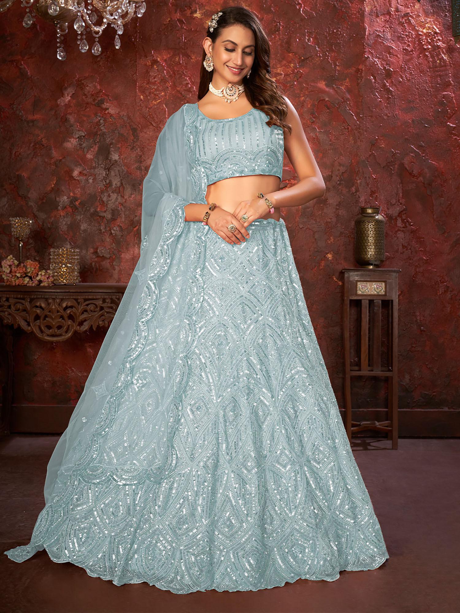 sky blue net embellished semi stitched lehenga with unstitched blouse (set of 3)