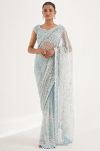 sky blue net sequins hand embroidered saree set