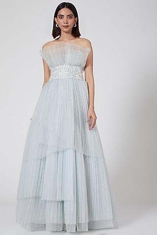 sky blue organza pleated draped gown