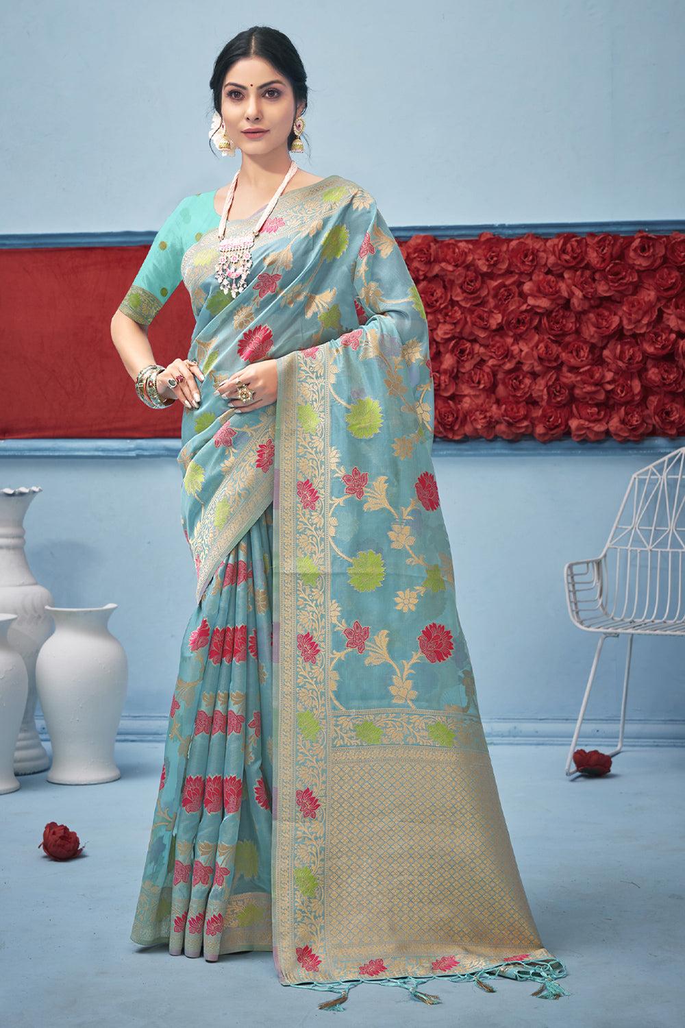 sky blue organza saree